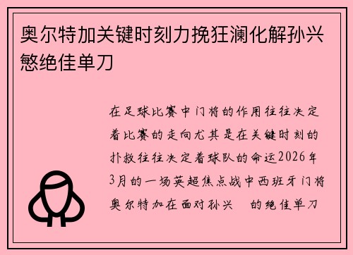 奥尔特加关键时刻力挽狂澜化解孙兴慜绝佳单刀