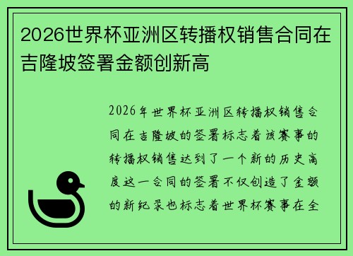 2026世界杯亚洲区转播权销售合同在吉隆坡签署金额创新高