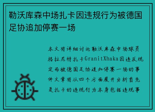 勒沃库森中场扎卡因违规行为被德国足协追加停赛一场
