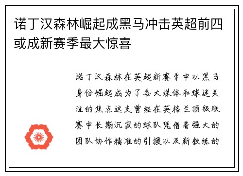 诺丁汉森林崛起成黑马冲击英超前四或成新赛季最大惊喜